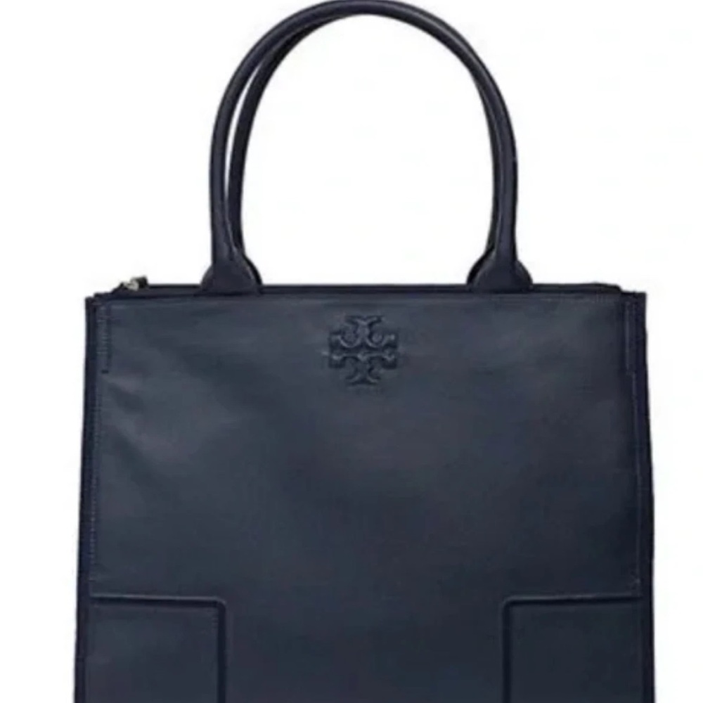AUTH Tory Burch LG Ella Tote Leather & Canvas Black Pebbled Leather EXC